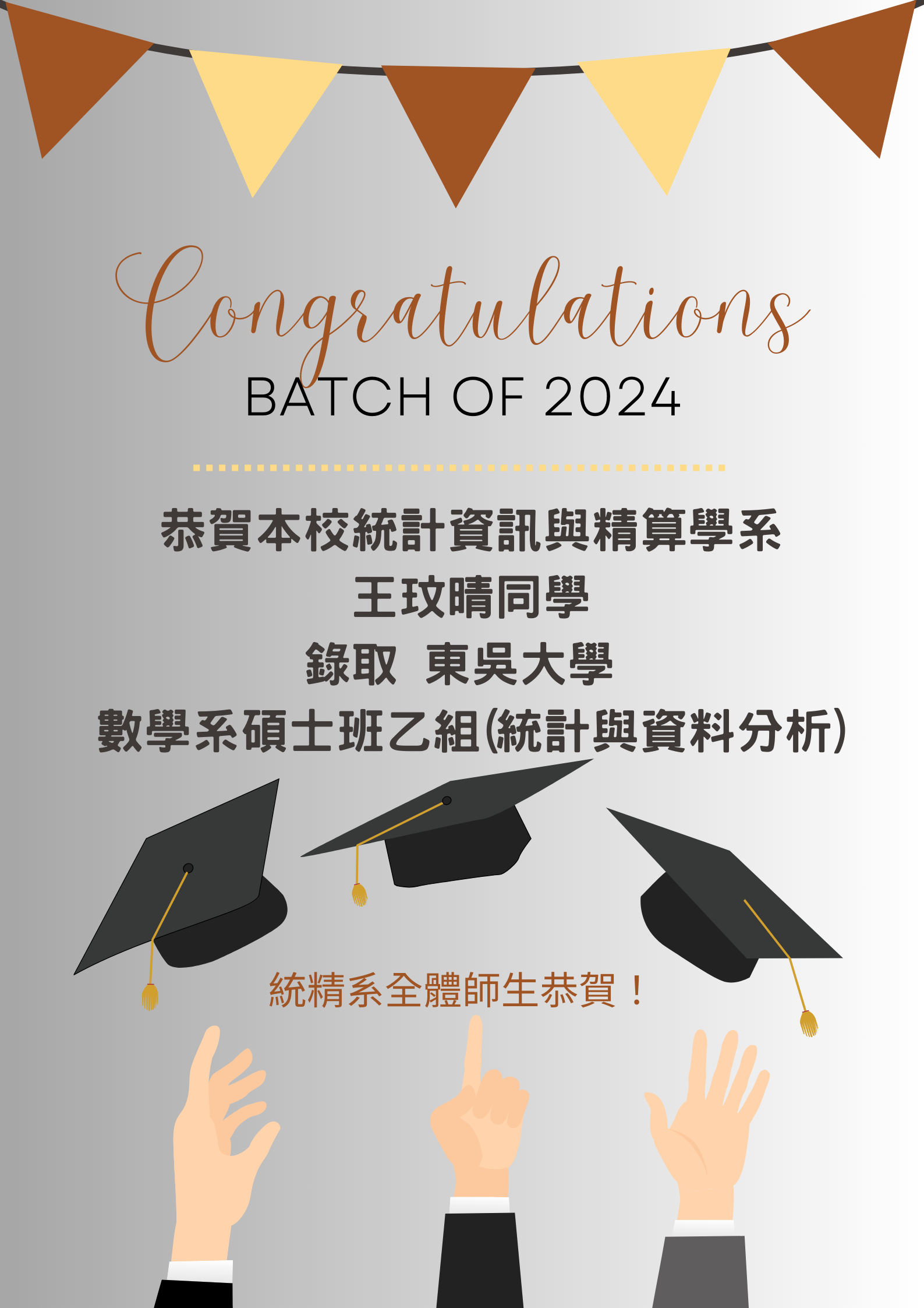 【榮譽】賀！本校統計資訊與精算學系王玟晴同學錄取東吳大學 數學系碩士班乙組(統計與資料分析)